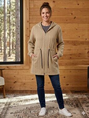Tan Hooded Cable Waffle Knit Zip Up Jacket